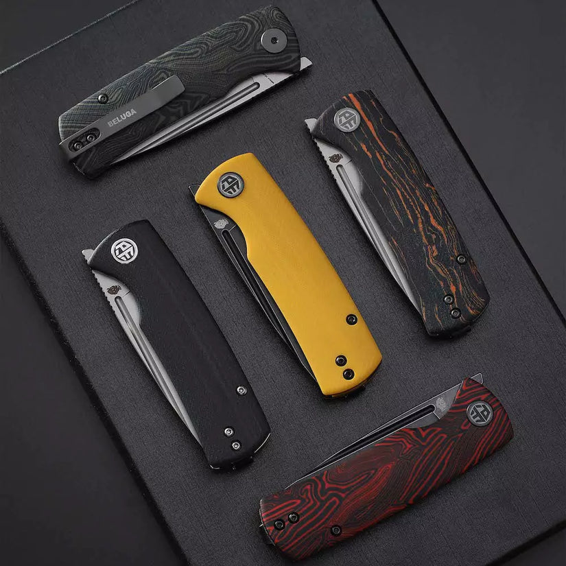 Petrified Fish Mini Beluga PFP01X - 2.99" 14C28N Black Stonewash Blade, Red GMASCUS Handle, Front Flipper