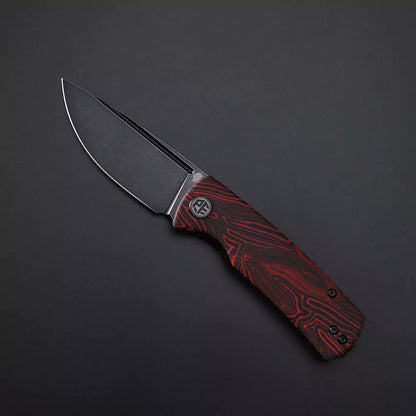 Petrified Fish Mini Beluga PFP01X - 2.99" 14C28N Black Stonewash Blade, Red GMASCUS Handle, Front Flipper