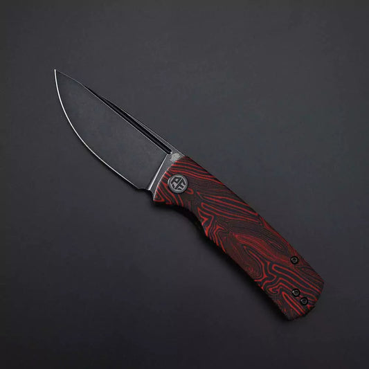 Petrified Fish Mini Beluga PFP01X - 2.99" 14C28N Black Stonewash Blade, Red GMASCUS Handle, Front Flipper