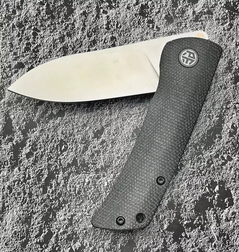 Petrified Fish Flavorist PFE05S - 3.15" K110 Satin Spear Point Blade, Black Micarta Handle, Front Flipper