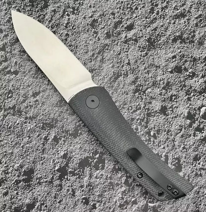 Petrified Fish Flavorist PFE05S - 3.15" K110 Satin Spear Point Blade, Black Micarta Handle, Front Flipper
