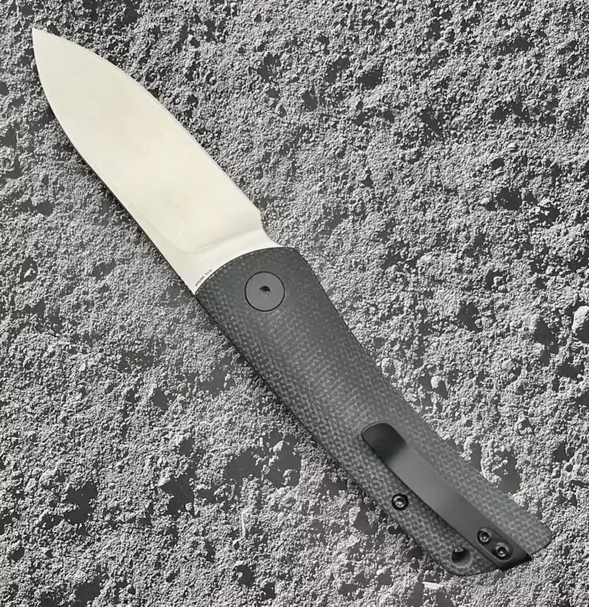 Petrified Fish Flavorist PFE05S - 3.15" K110 Satin Spear Point Blade, Black Micarta Handle, Front Flipper
