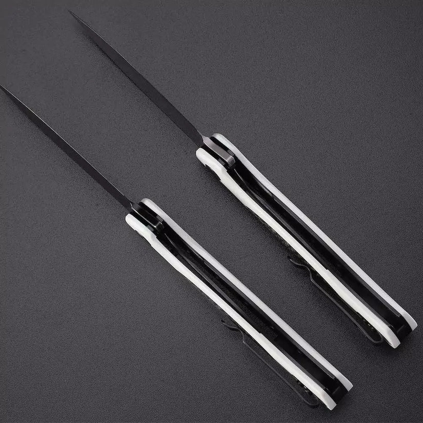 Petrified Fish Stamp PFB03 - 3.58" D2 Black Stonewashed Blade, White G10 With Carbon Fibre Handle, Flipper