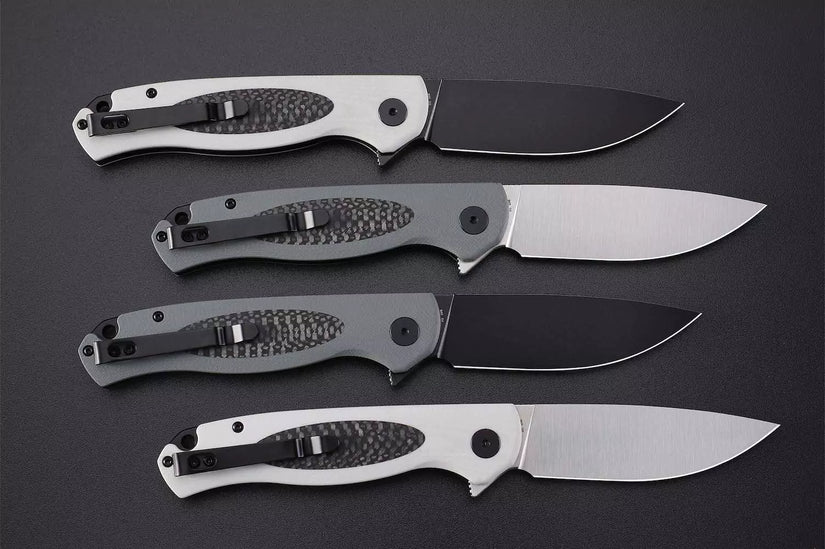 Petrified Fish Stamp PFB03 - 3.58" D2 Black Stonewashed Blade, White G10 With Carbon Fibre Handle, Flipper