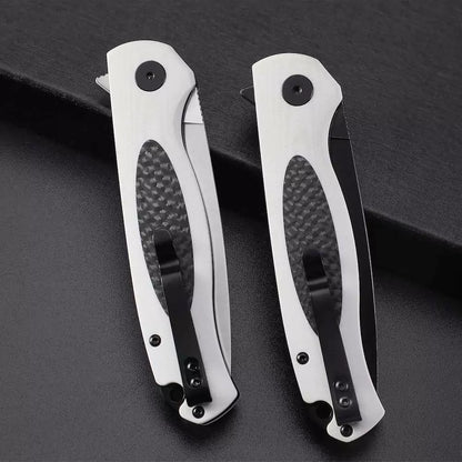 Petrified Fish Stamp PFB03 - 3.58" D2 Black Stonewashed Blade, White G10 With Carbon Fibre Handle, Flipper