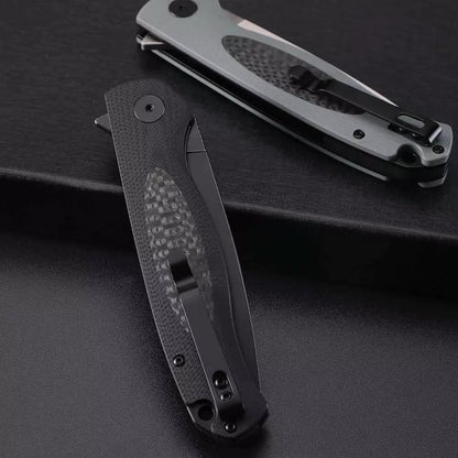 Petrified Fish Stamp PFB03 - 3.58" D2 Black Stonewashed Blade, White G10 With Carbon Fibre Handle, Flipper